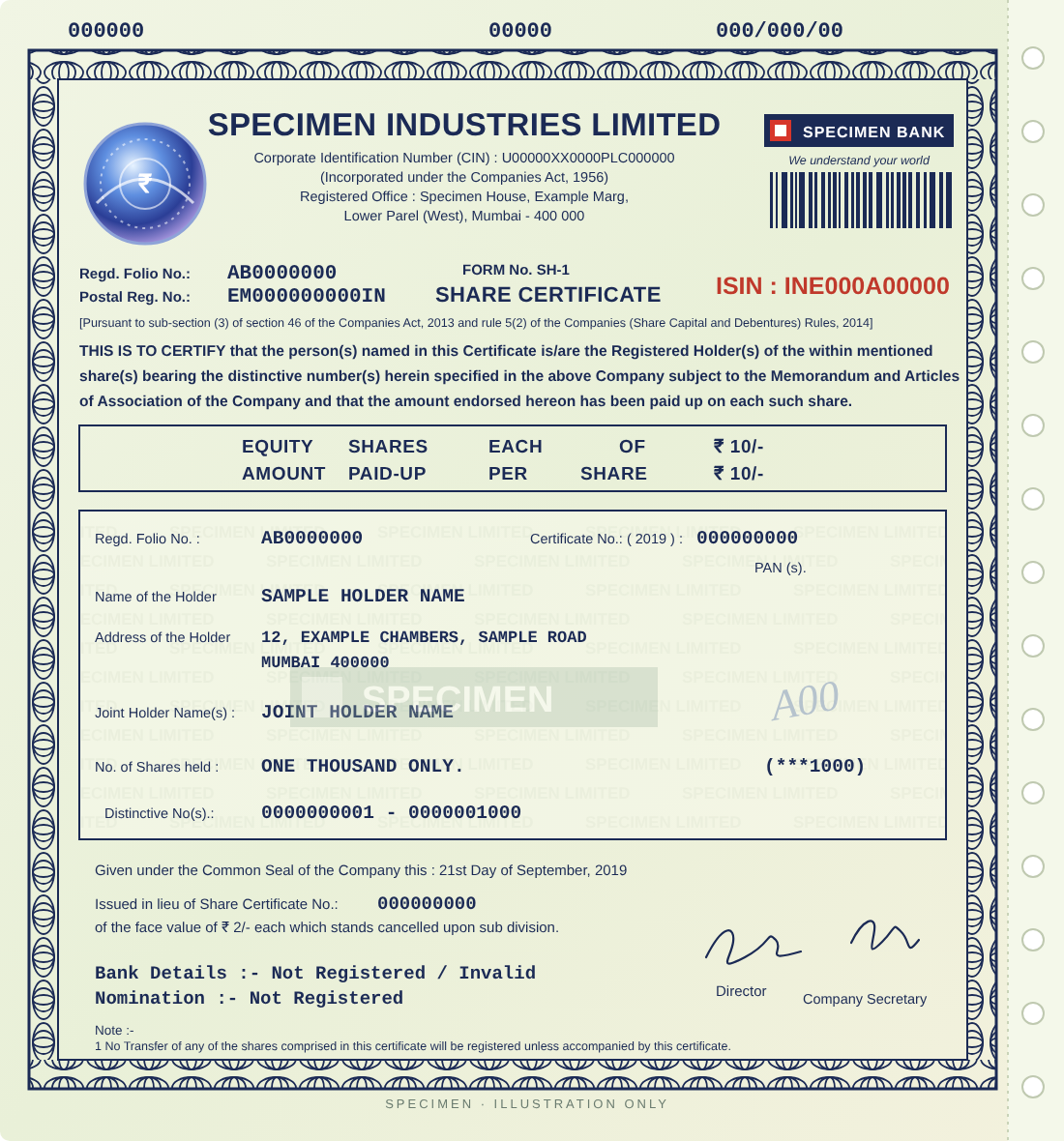 Sample share certificate stamped RECOVERED, showing old physical shares and IEPF unclaimed shares being recovered in India